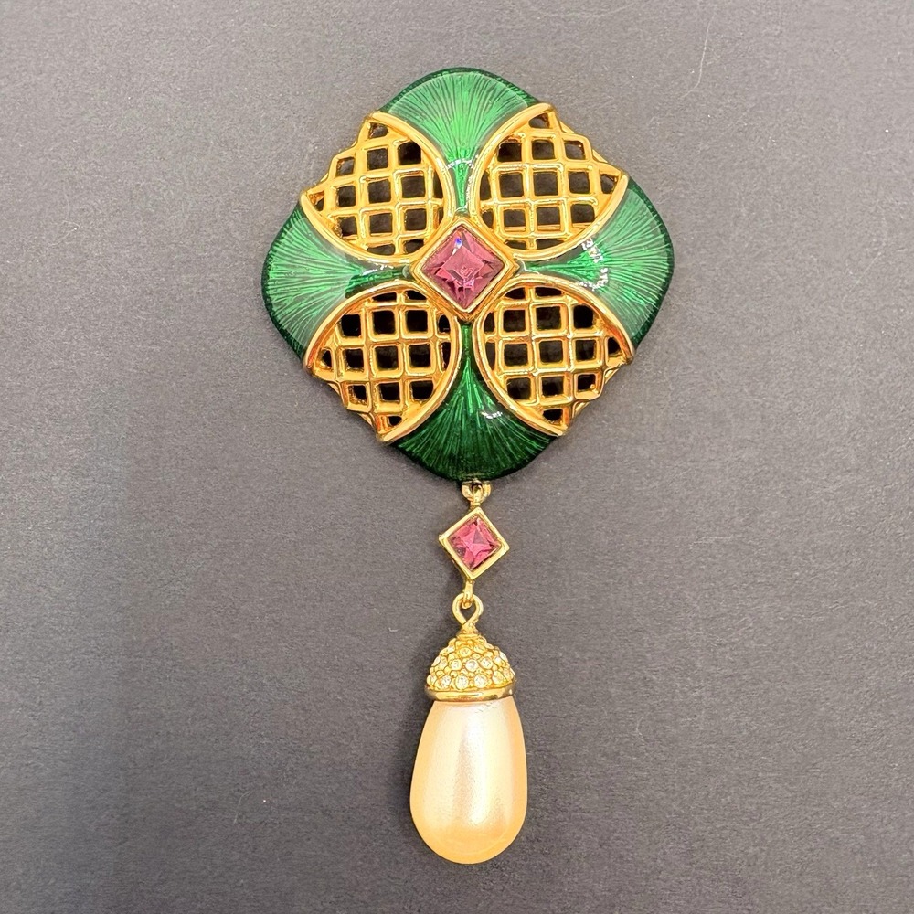 Vintage Swarovski Lattice Pearl Dangle Brooch Green Enamel Purple Clear Crystal
